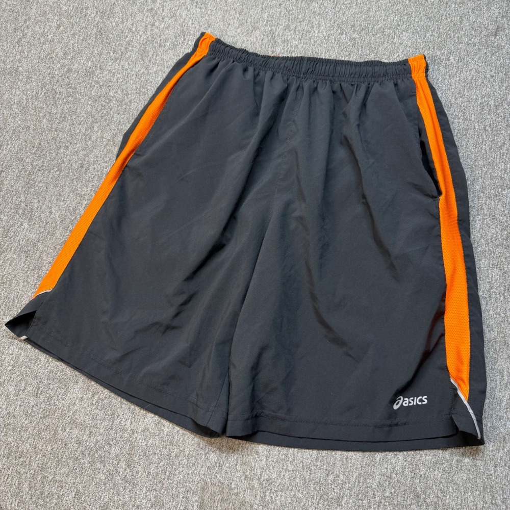 Asics Mens Athletic Shorts Black Orange Mesh Side Stripe Running Size Medium
